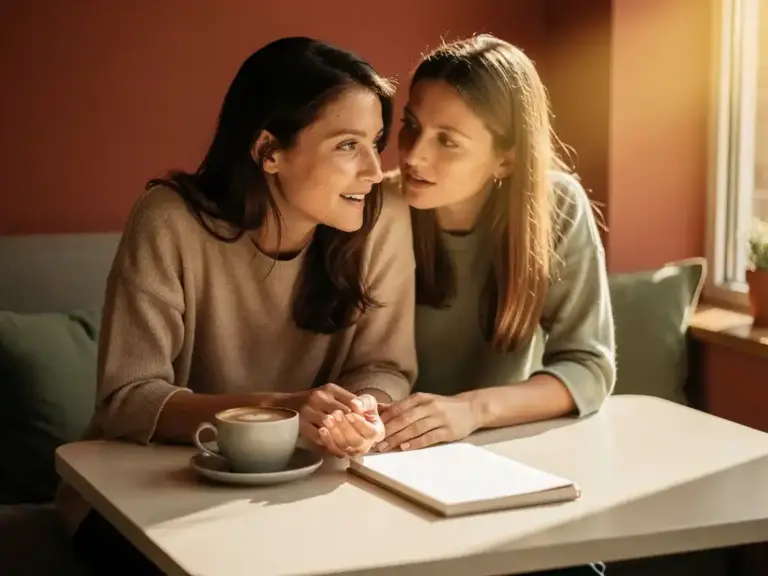 Two women sharing an intimate conversation at a sunlit café table with a notebook and coffee cup, bathed in warm afternoon light.