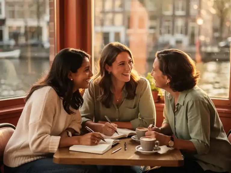 Three women sharing coffee and conversation at a sunlit Amsterdam café table, with notebooks, warm golden light, and a blurred canal view behind them.