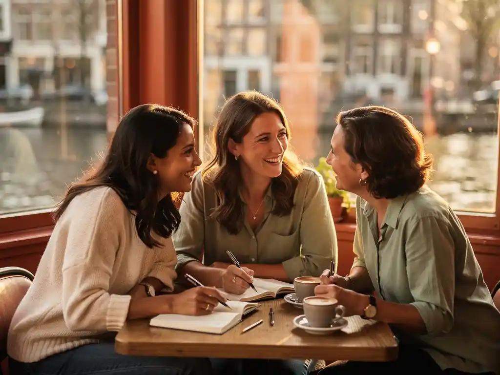Three women sharing coffee and conversation at a sunlit Amsterdam café table, with notebooks, warm golden light, and a blurred canal view behind them.