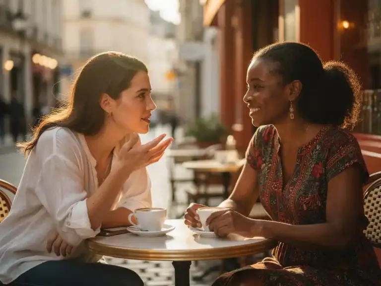Two women from different cultural backgrounds sharing a warm coffee conversation at a sunlit European café, one gesturing thoughtfully as the other listens.