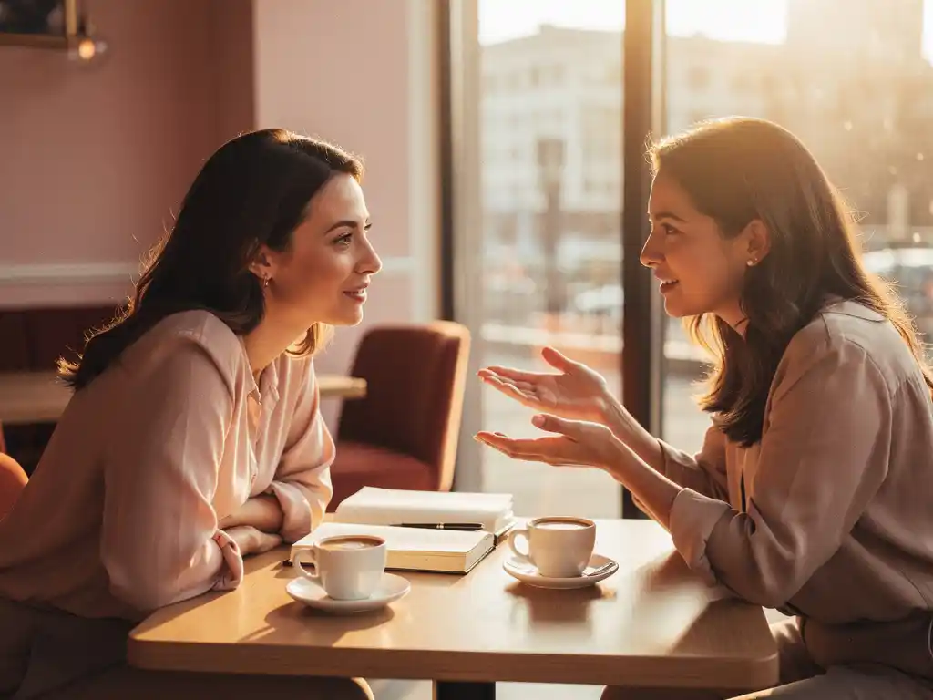 Two professional women having an engaging conversation over espresso at a sunlit café, notebook on table, warm golden afternoon light.