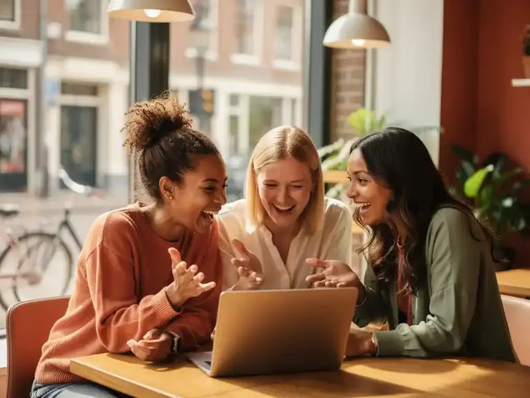 Three women collaborating over a laptop in a sunlit Amsterdam café, engaged in lively conversation amid warm terracotta and sage tones.
