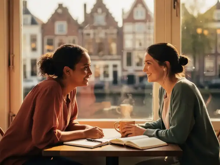 Two women from different backgrounds sharing a warm coffee conversation at a sunlit Leiden café, historic Dutch canal architecture visible through tall windows.