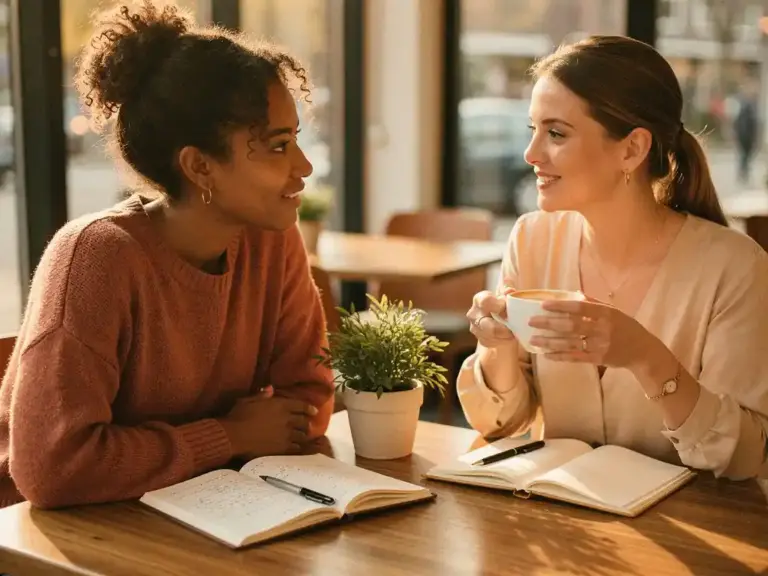 Two women from different cultural backgrounds sharing a mentorship conversation over coffee at a sunlit Tilburg café, notebooks and a small potted plant on the wooden table.