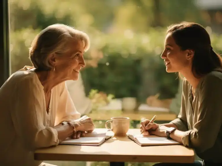 Two women in mentorship conversation at a sunlit café table, notebooks and coffee between them, warm natural light creating an intimate, focused atmosphere.