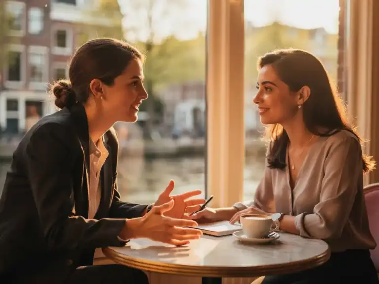 Two women in professional attire having an engaged mentoring conversation at a sunlit Dutch canal-side café table.
