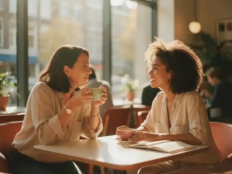 Two women sharing a warm mentorship conversation over coffee at a sunlit modern Dutch café, golden afternoon light, candid atmosphere.