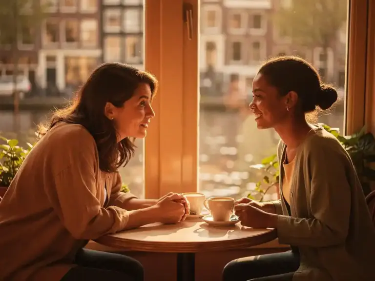 Two women from different backgrounds share a warm mentorship conversation over coffee at a sunlit Dutch canal-side café.