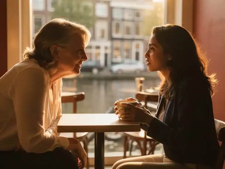 Two women sharing a warm mentorship conversation over coffee at a sunlit café in The Hague, with a blurred canal view through large windows behind them.