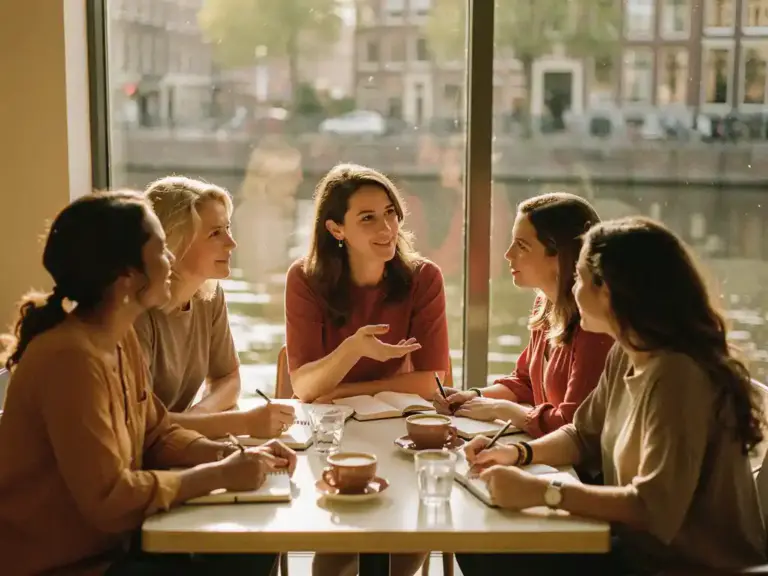 Diverse women sharing animated conversation at a sunlit Amsterdam café table, notebooks and coffee cups nearby, canal reflections in background.