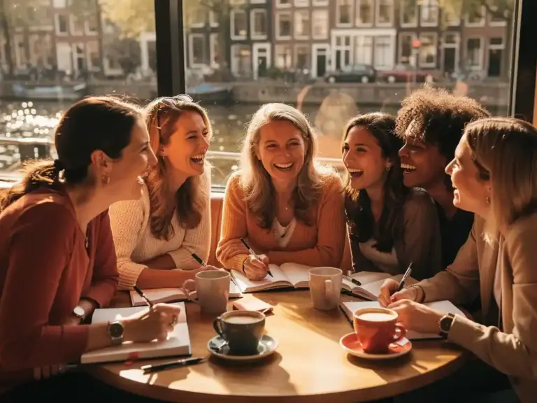 Diverse women laughing together at a sunlit Amsterdam café table with notebooks and coffee cups, canal visible through large windows behind them.