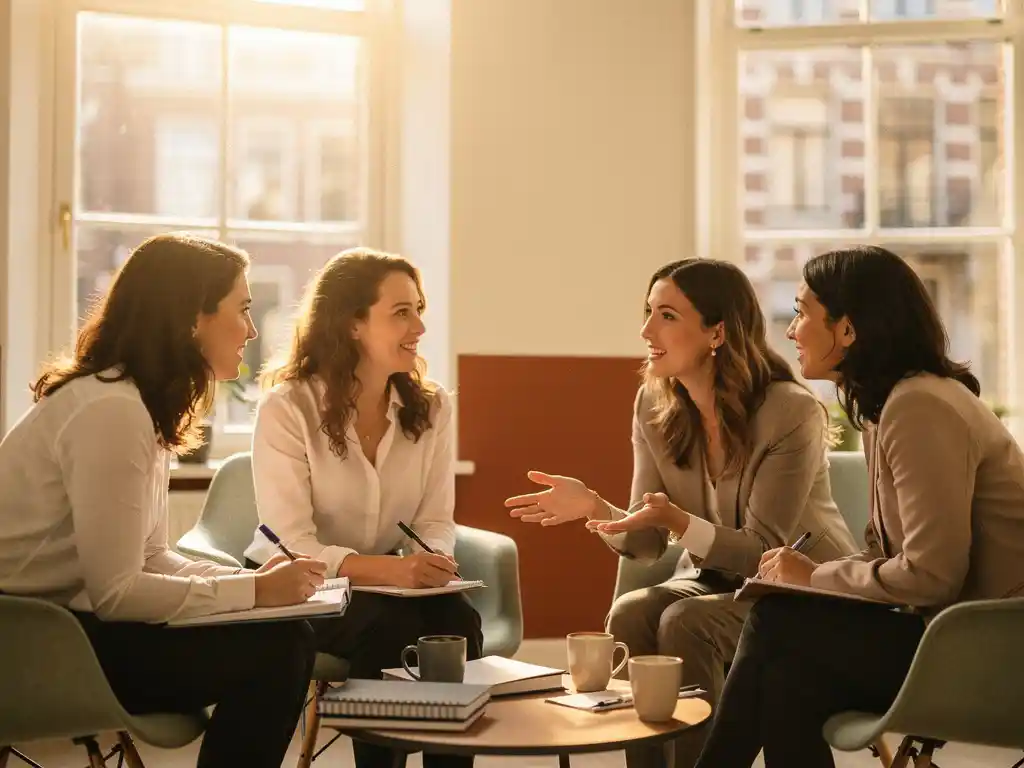 Five diverse women in animated discussion around a coffee table in a sunlit Amsterdam office, notebooks and cups nearby.