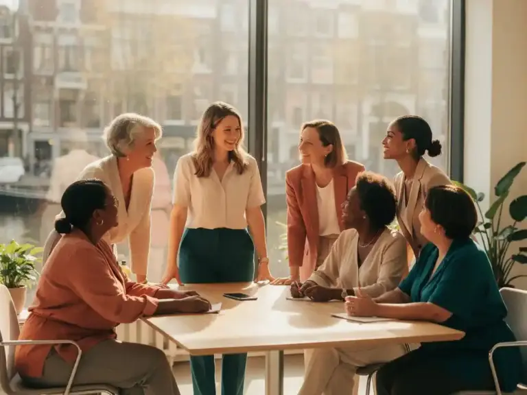 Diverse professional women gathered in a sunlit Amsterdam office, one colleague at center speaking confidently while others listen with supportive expressions.