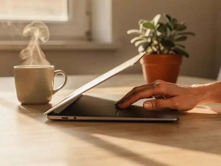 Woman closing a laptop on a wooden desk beside a steaming coffee mug and small potted plant in warm afternoon light.