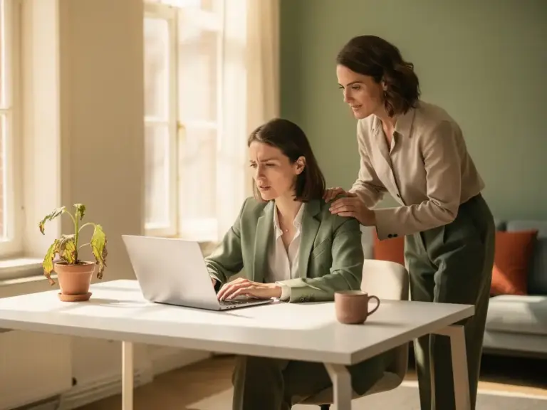 Stressed professional woman at white desk with wilting plant receiving supportive touch from colleague in sunlit Amsterdam office.