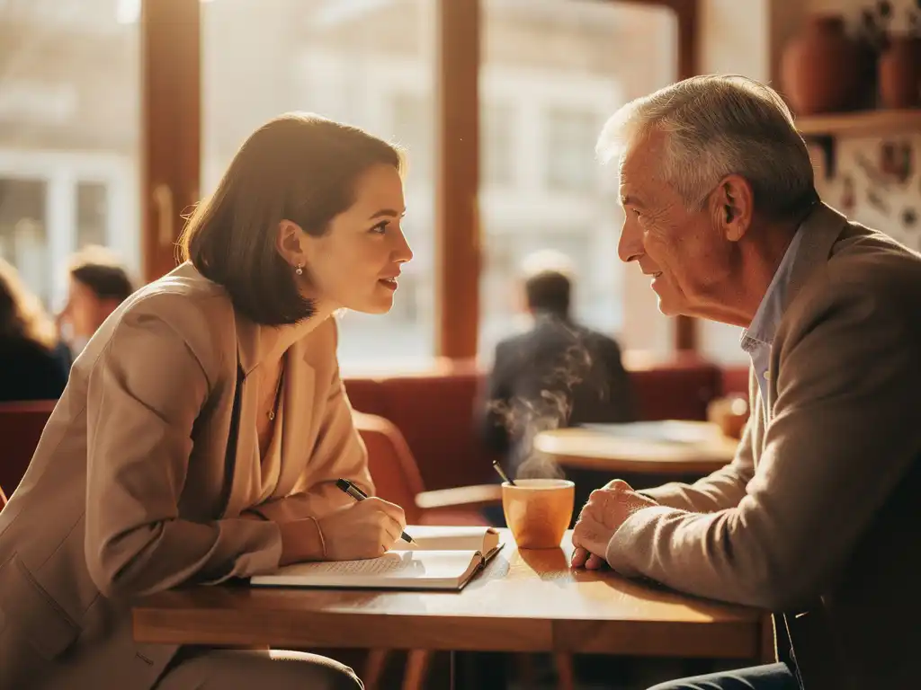 Young professional woman receiving career mentorship from an older advisor over coffee in a sunlit café, notebooks on table.