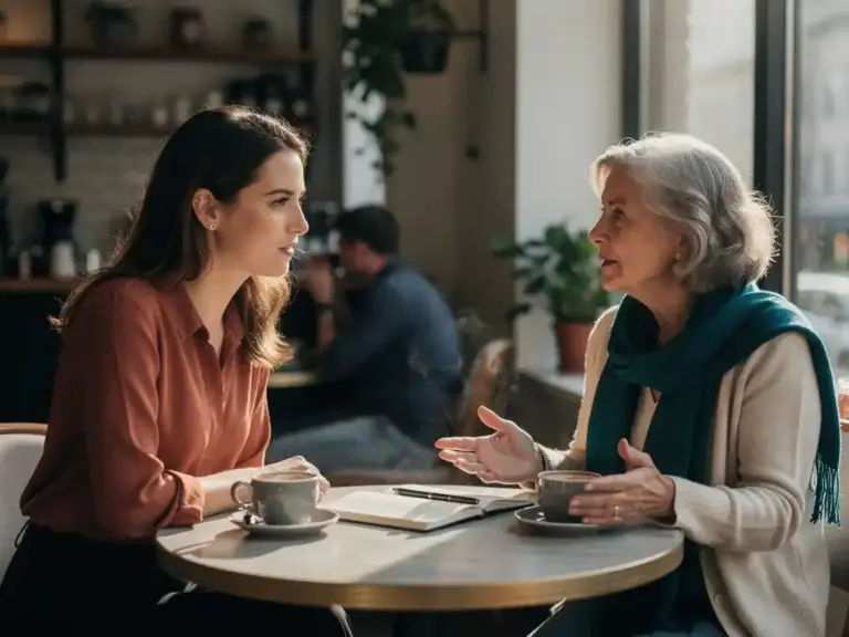 Young professional woman in a mentorship conversation with an older woman over coffee and an open notebook in a warmly lit café.